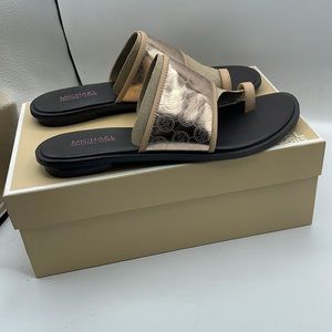 MICHAEL Michael Kors Monogram Toe Ring Rose Gold Metallic Leather Sandal